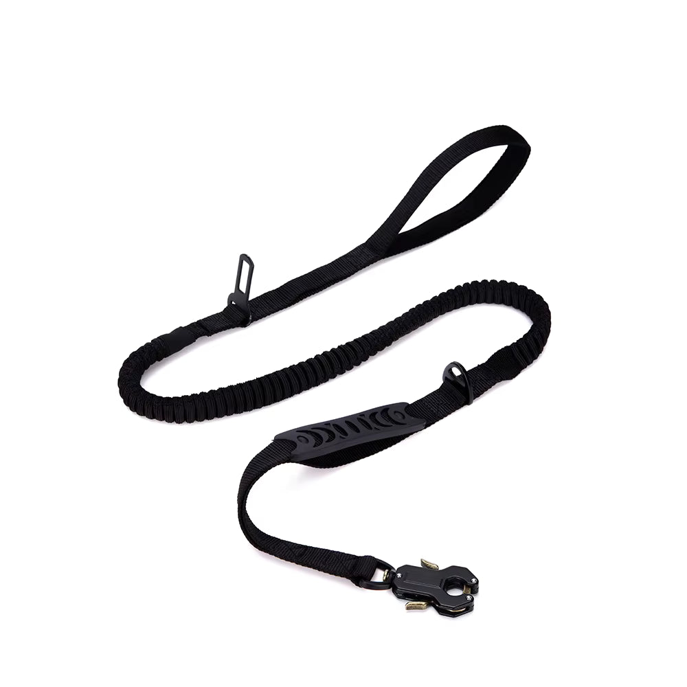 Black dog leash with handle and clip on a white background