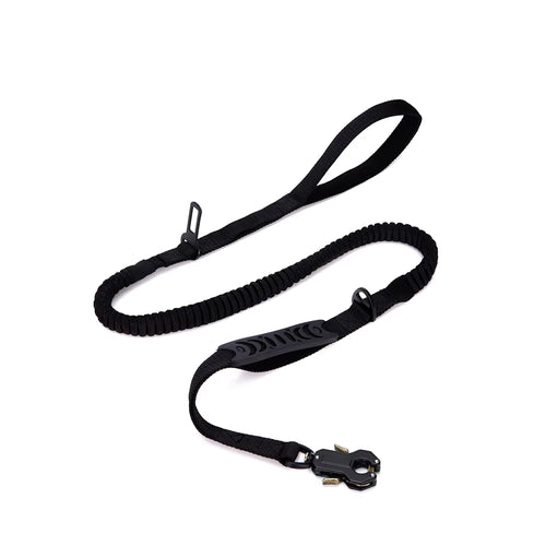 Black dog leash with handle and clip on a white background