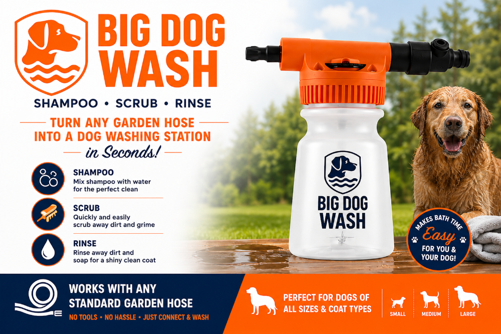 A Big Dog Wash foam dog washer bottle with an orange spray nozzle, shown on a wooden surface with a golden retriever dog in an outdoor garden setting. The left side features product information and benefits, and the right side features the dog and a badge indicating it makes bath time easy.