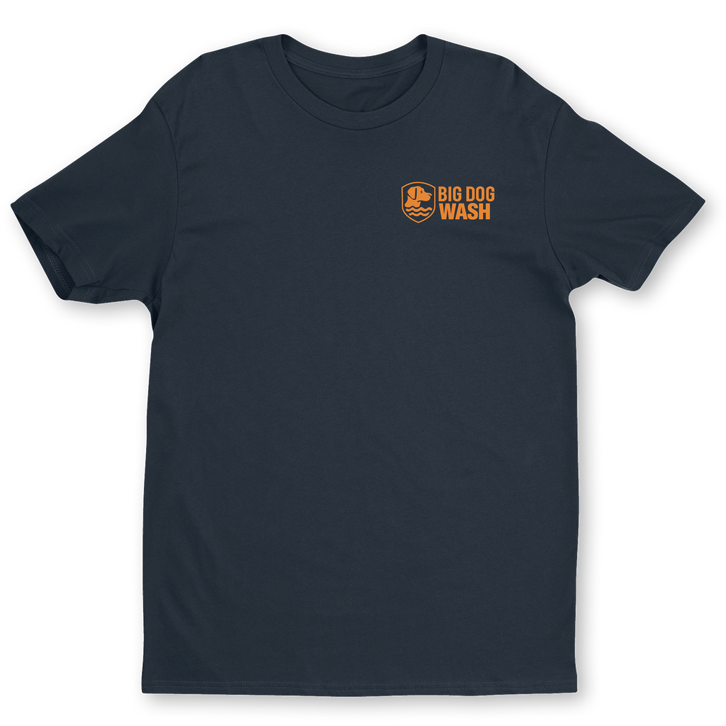 A blcak short-sleeve crewneck t-shirt with a small orange 'BIG DOG WASH' logo printed on the left chest, displayed on a clean white background.