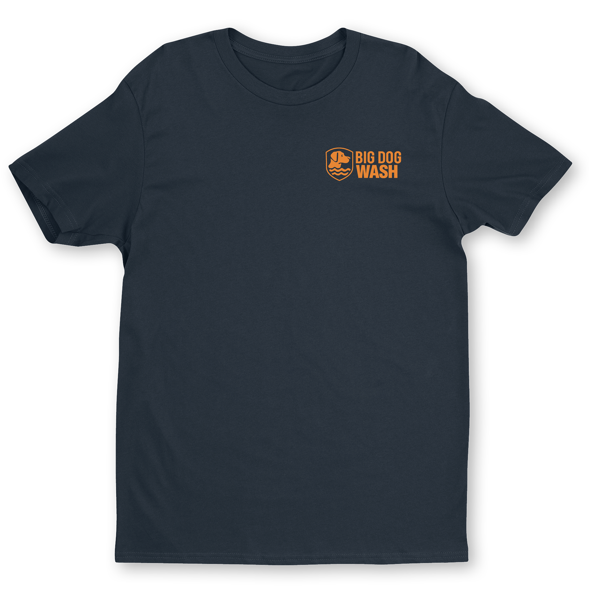 A blcak short-sleeve crewneck t-shirt with a small orange 'BIG DOG WASH' logo printed on the left chest, displayed on a clean white background.