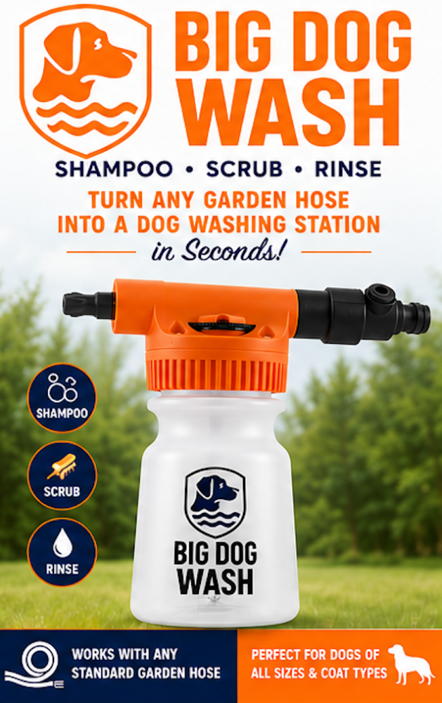 Big Dog Wash automatic dog washing foam cannon attachment for garden hoses, featuring a white bottle with a bright orange cap and black spray nozzle, set against a blurred green background with promotional text and icons.