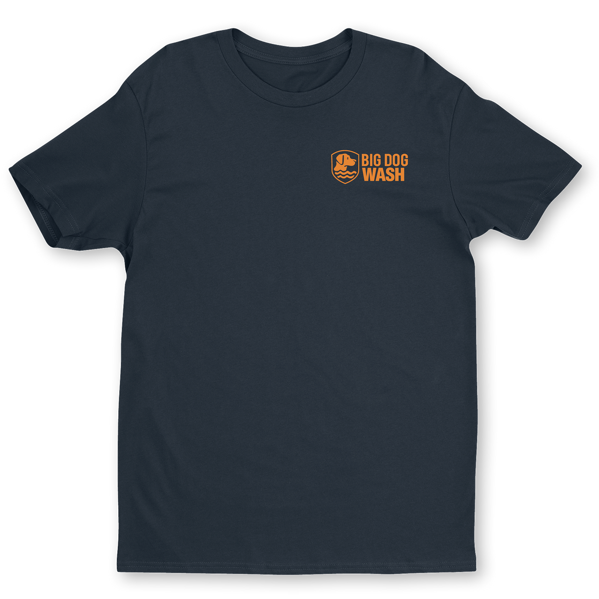 A dark navy blue short-sleeve crewneck t-shirt with a small orange 'BIG DOG WASH' logo printed on the left chest, displayed on a clean white background.