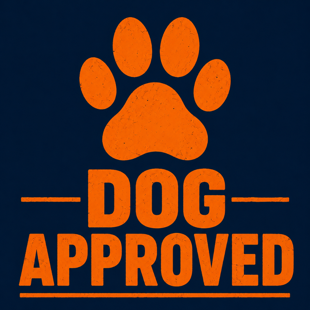 An orange distressed paw print above the words 'DOG APPROVED' in bold orange text on a dark navy background.