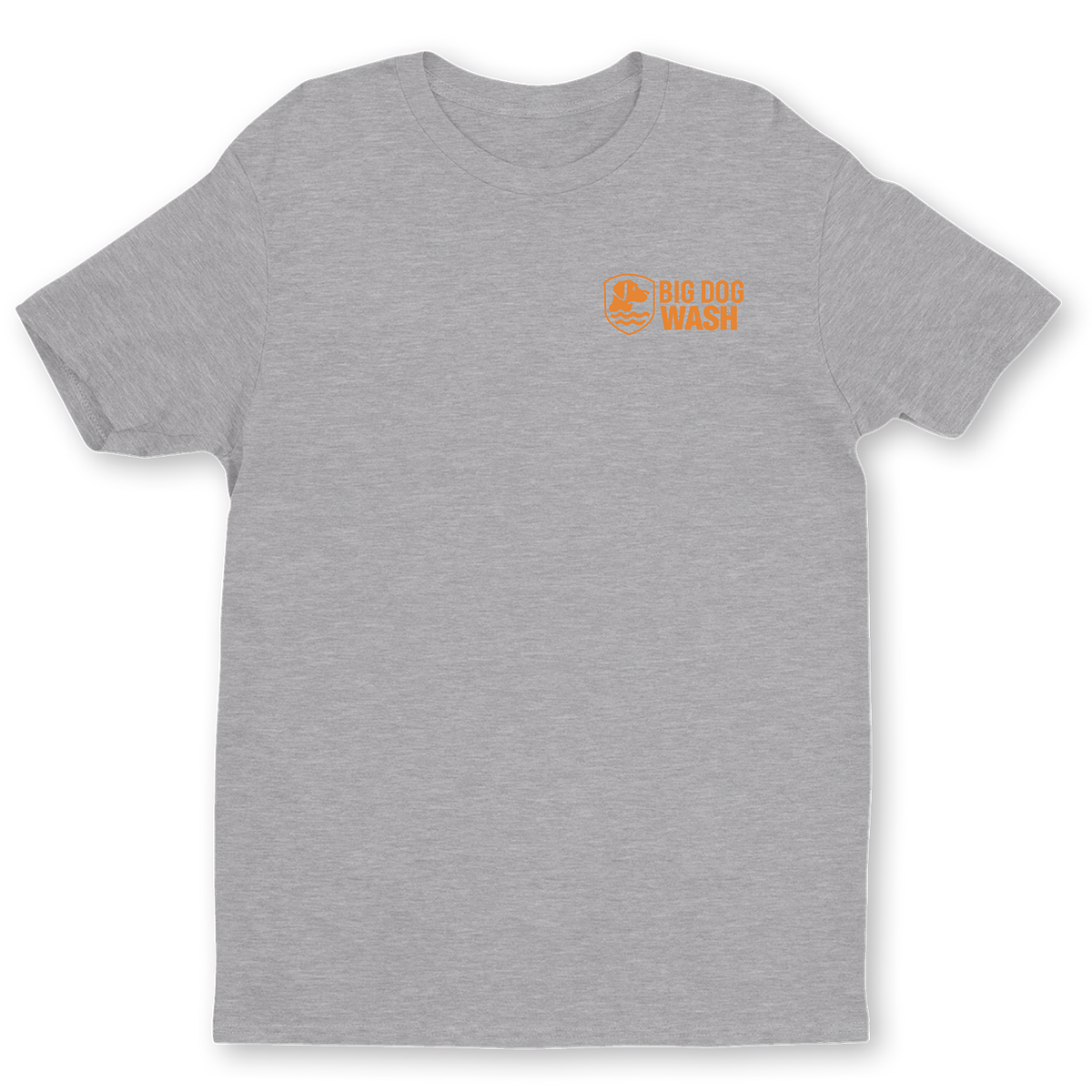 A Gray short-sleeve crewneck t-shirt with a small orange 'BIG DOG WASH' logo printed on the left chest.