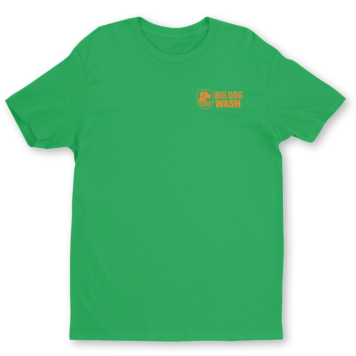 A bright green short-sleeve crewneck t-shirt with a small orange 'BIG DOG WASH' logo printed on the left chest, displayed on a clean white background.