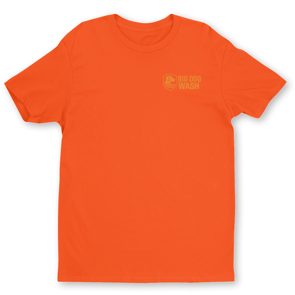 A bright orange short-sleeve crewneck t-shirt with a small yellow 'BIG DOG WASH' logo printed on the left chest, displayed on a clean white background.
