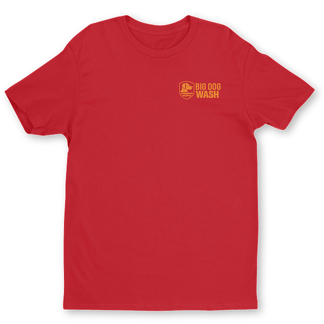 A Red short-sleeve crewneck t-shirt with a small orange 'BIG DOG WASH' logo printed on the left chest, displayed on a clean white background.