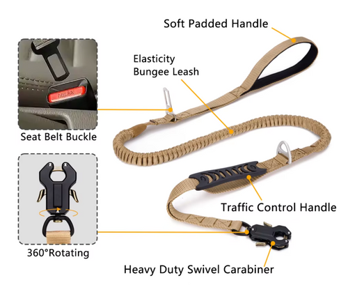 Tan car seat belt safety leash with labeled callouts showing a soft padded handle, elasticity bungee leash, seat belt buckle attachment, 360-degree rotating swivel, and heavy duty swivel carabiner.