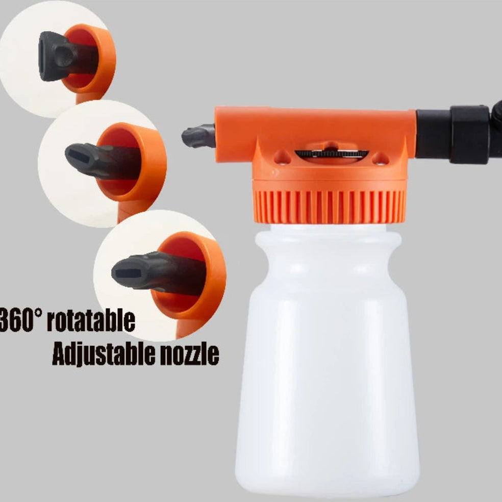 An adjustable spray bottle nozzle attachment with a white translucent bottle body, orange collar, and black nozzle, shown on a light gray background with three circular inset close-ups of the nozzle adjustment and text reading '360° rotatable Adjustable nozzle'.