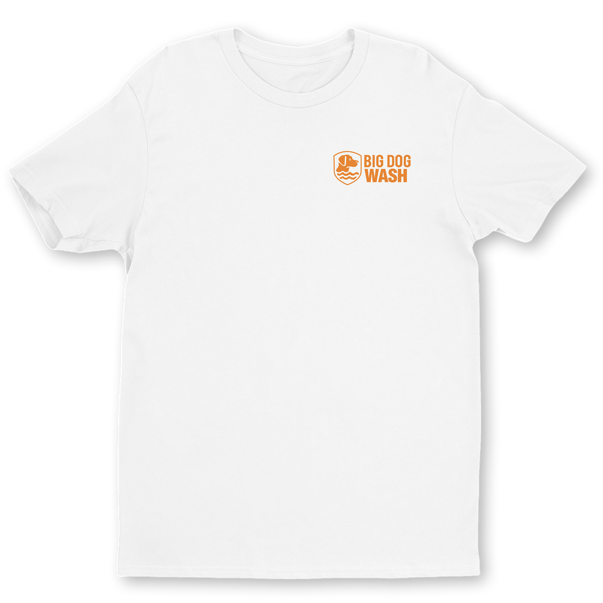 A White short-sleeve crewneck t-shirt with a small orange 'BIG DOG WASH' logo printed on the left chest, displayed on a clean white background.